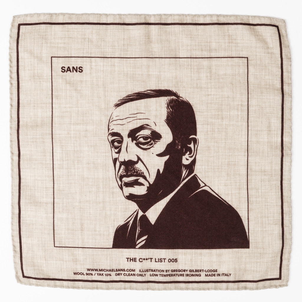 SANS N°034. 'THE C**'T LIST 005'. Pocket Square (print in dark red-brown)